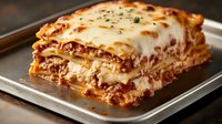 Homemade lasagna with layers of pasta, ground meat sauce, melted mozzarella and ricotta cheese garnished with herbs on metal baking pan, close up view of Italian cuisine.