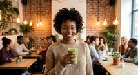 Young African American woman holding green smoothie in modern coworking space with exposed brick walls and hanging lights for healthy lifestyle content.