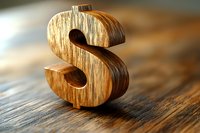 Wooden dollar sign symbol on rustic table surface with dramatic lighting and shallow depth of field, representing finance, business success and wealth.