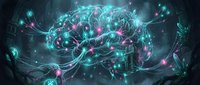 Digital brain with glowing neural networks and synaptic connections in cyan and magenta colors on dark background for technology and AI concepts.