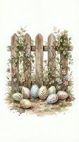Rustic wooden fence with climbing vines and speckled eggs scattered at base, spring garden scene with wildflowers and grass on white background.