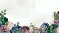Watercolor botanical border with eucalyptus, monstera, and palm leaves in purple, blue, and green tones on white background, isolated for design use.