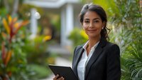 Young Hispanic businesswoman in black suit holding digital tablet while standing outdoors near tropical plants and modern office building entrance.