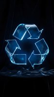 Glowing blue recycling symbol made of ice or glass with dramatic lighting on dark background for environmental and sustainability campaigns.
