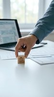Businessman hand placing wooden tax stamp on documents at office desk with laptop and paperwork for accounting and financial planning services.