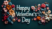 Romantic floral composition with Happy Valentine's Day text surrounded by handcrafted flowers and berries on dark teal background. Festive holiday greeting design.