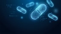 Digital wireframe medicine capsules floating in futuristic blue space with glowing network connections for pharmaceutical technology concepts.