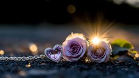 Delicate pink roses with heart-shaped pendant necklace on dark surface at sunset, romantic bokeh lights creating dreamy atmosphere for wedding or engagement concept.
