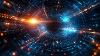 Futuristic digital tunnel with glowing orange and blue light effects, abstract technology background with dynamic particles and energy streams.