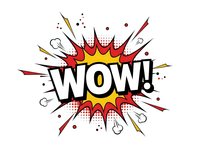 Comic book style WOW exclamation with explosive burst effect in red and yellow colors on white background for pop art designs and promotional materials.