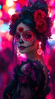 Young woman with sugar skull makeup, red roses in hair, wearing black lace dress against vibrant pink bokeh background. Traditional Day of Dead celebration portrait.