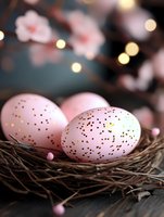 Pink speckled Easter eggs with gold glitter dots nestled in natural twig nest against dark background with soft bokeh lights and cherry blossoms.