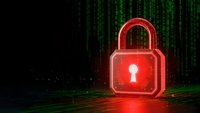 Red glowing padlock with keyhole on digital matrix background with green binary code streams for cybersecurity and data protection concepts.