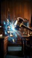Judge's gavel striking with glowing digital law icons and security symbols, representing legal technology, cybersecurity compliance, and digital justice systems for law firms.