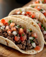 Mexican street tacos with seasoned ground beef, fresh pico de gallo, diced onions and cilantro served on warm corn tortillas on wooden surface.