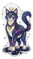 Mystical cat with celestial body featuring moon, stars, and cosmic patterns, isolated on white background for design use.