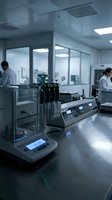 Modern pharmaceutical laboratory with precision analytical balance and multichannel pipettes on steel bench, scientists in white coats working in background.