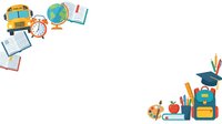 Yellow school bus, globe, alarm clock, notebooks, graduation cap, backpack, pencils, and apple arranged on white background for educational design projects.