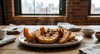 Steaming roasted pumpkin wedges with walnuts and honey on a rustic wooden table, warm autumn meal served in a cozy urban kitchen.