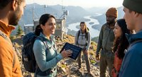 Diverse group of hikers with female guide using tablet for navigation planning on mountain summit with scenic valley backdrop during outdoor adventure.