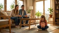 Young Caucasian family with parents sitting on sofa and toddler daughter playing on floor in bright modern living room with natural sunlight.