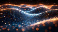 Glowing abstract waves with orange and blue light particles creating dynamic motion effect against dark background, bokeh elements floating in space.