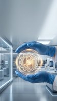 Hands in blue medical gloves protecting glowing cybersecurity shield symbol in modern laboratory representing data protection and healthcare security.