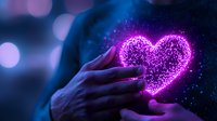 Glowing purple heart shape made of sparkles and particles floating between hands against dark background with bokeh lights, magical love concept.