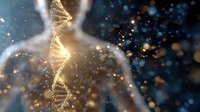 Glowing DNA helix structure with golden particles and bokeh effects on dark background, representing genetic research and biotechnology advancement.