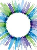 Watercolor burst frame with vibrant blue green purple brushstrokes radiating from white circle center for creative design projects.