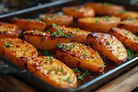 Roasted honey glazed potato wedges garnished with fresh herbs on dark baking sheet, perfect for food blogs and restaurant menu photography. Close up view shows caramelized surface.