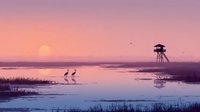 Tranquil coastal wetland at sunset with silhouettes of herons, observation tower, and rising full moon reflected in calm water.