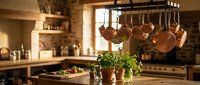 Rustic farmhouse kitchen interior with copper pots hanging from rack, stone walls, wooden countertops and fresh herbs creating warm cozy cooking space.