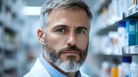 Confident mature male pharmacist with gray beard and hair wearing white coat stands in pharmacy among medicine shelves, looking professional and trustworthy.