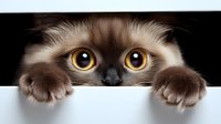 Curious Siamese cat with bright amber eyes peeking over white edge against black background, paws visible, creating playful and engaging composition.
