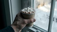 Hand holding a steaming hot cocoa cup with marshmallows near a frosted winter window, evoking warmth and cozy cold season comfort.