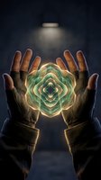 Hands holding glowing green geometric energy orb with sacred geometry patterns in mystical dark atmosphere for spiritual healing and meditation concepts.