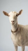 Cream-colored goat with brown ears wearing collar, looking directly at camera against neutral background. Farm animal portrait for agricultural and livestock content.