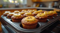 Freshly baked chocolate banana muffins in baking pan, topped with caramelized banana slices, warm morning pastries with golden brown crust and moist texture.