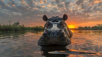 Hippopotamus partially submerged in water during sunset, with dramatic orange sky and clouds reflected on rippling lake surface.