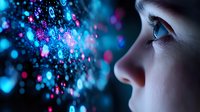 Close up profile of young woman's eye and nose against dark background with glowing blue and pink bokeh lights creating magical atmosphere. Dreamy artistic portrait.