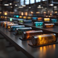 Glowing glass tubes with colorful illuminated liquid arranged in rows on dark surface create magical atmosphere with bokeh lights and reflections in background.
