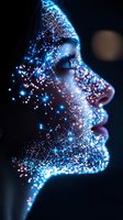 Side profile with glowing blue and pink luminescent particles creating ethereal cosmic effect against dark background, artistic beauty concept for cosmetics and fashion.