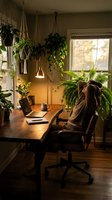 Cozy home office workspace with hanging plants, warm lighting, laptop and coffee cup on wooden desk creating productive work from home atmosphere.