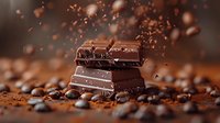 Dark chocolate pieces stacked with coffee beans and cocoa powder in dynamic composition, flying particles create dramatic mood for food photography and advertising.