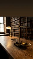 Vintage brass scales of justice on wooden desk in traditional law library with leather-bound books and banker's lamp creating warm atmospheric lighting.