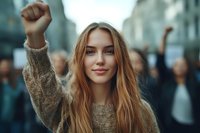 Young woman with raised fist at protest rally shows determination and activism while smiling. Crowd of people visible in urban background setting.