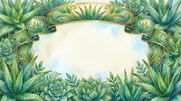 Watercolor frame with aloe vera and succulents, golden ribbon banner, soft pastel background, botanical border for greeting cards and invitations.
