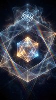 Sacred geometry cosmic design with glowing icosahedron and spiral symbol surrounded by luminous geometric patterns against starry space background.