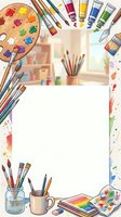 Artist supplies frame with white center space, featuring paintbrushes, palette, tubes, and watercolor set arranged on isolated background for design projects.
